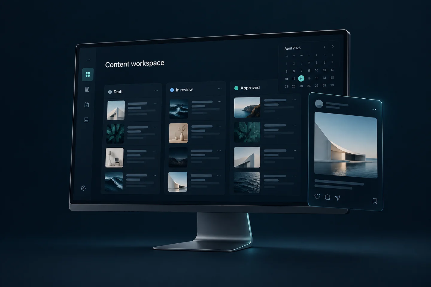 Illustrative navy content dashboard displayed on a slim graphite computer, with calendar and social content previews