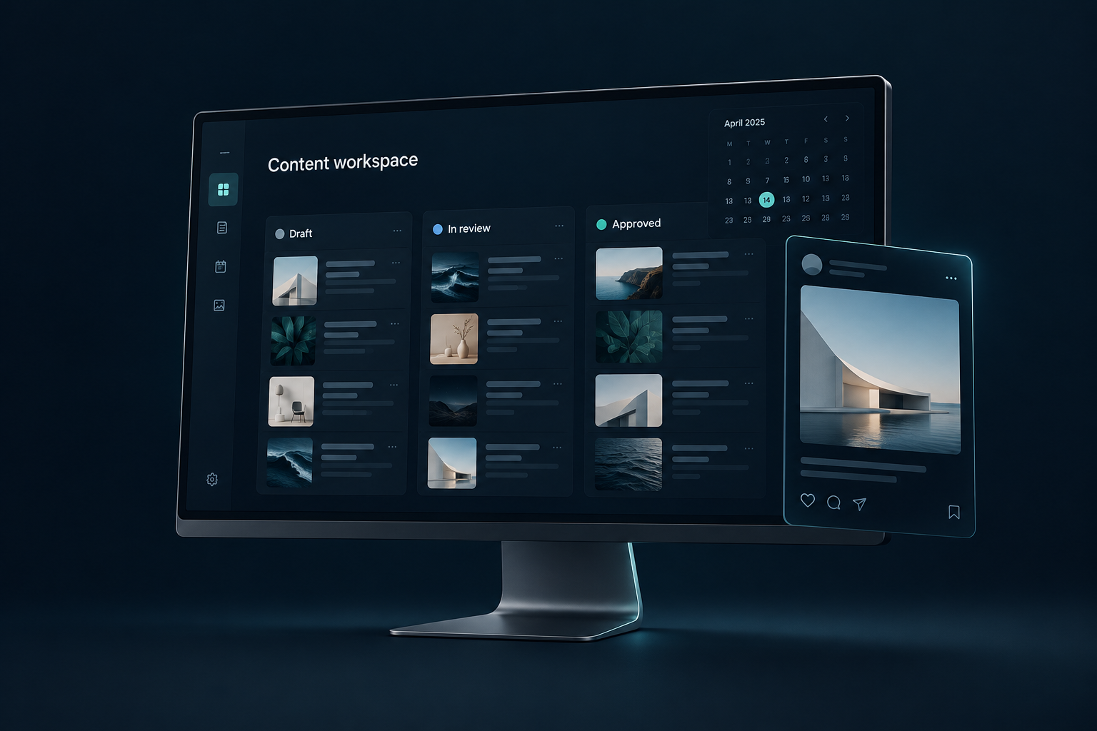 Illustrative navy content dashboard displayed on a slim graphite computer, with calendar and social content previews