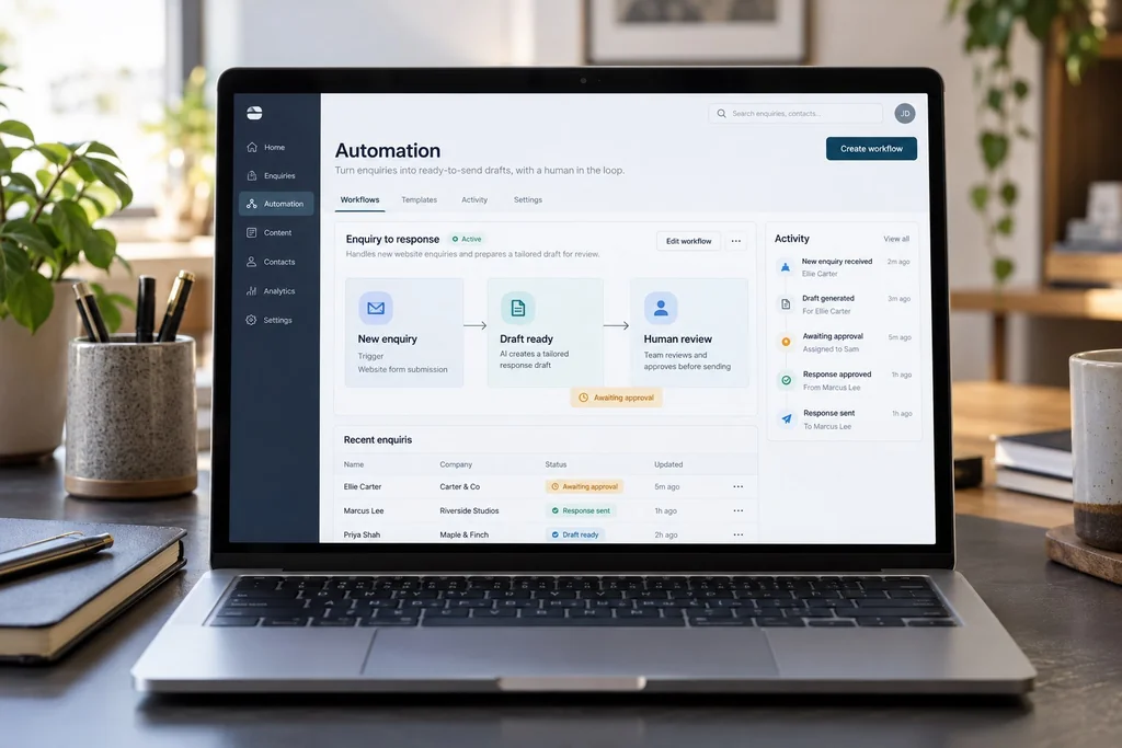 Concept mockup of a business automation workspace on a laptop with enquiry, draft and human review steps