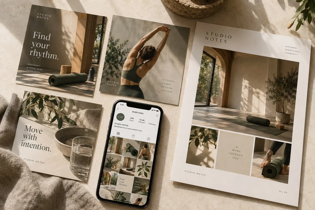 Photographic concept mockup of Studio Notes social content, printed designs and a coordinated phone feed