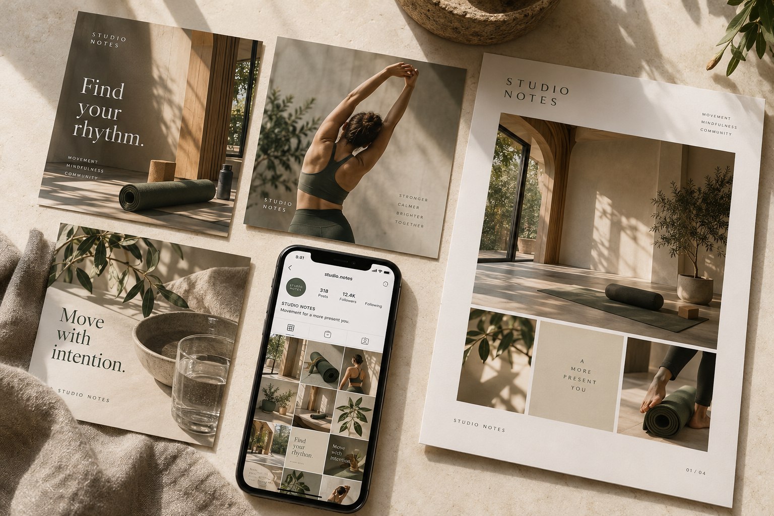 Photographic concept mockup of Studio Notes social content, printed designs and a coordinated phone feed