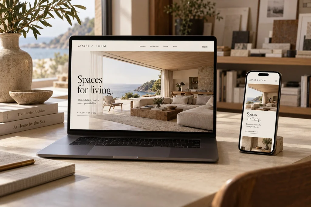 Concept presentation of the fictional Coast & Form website on a laptop and phone in an interior design studio